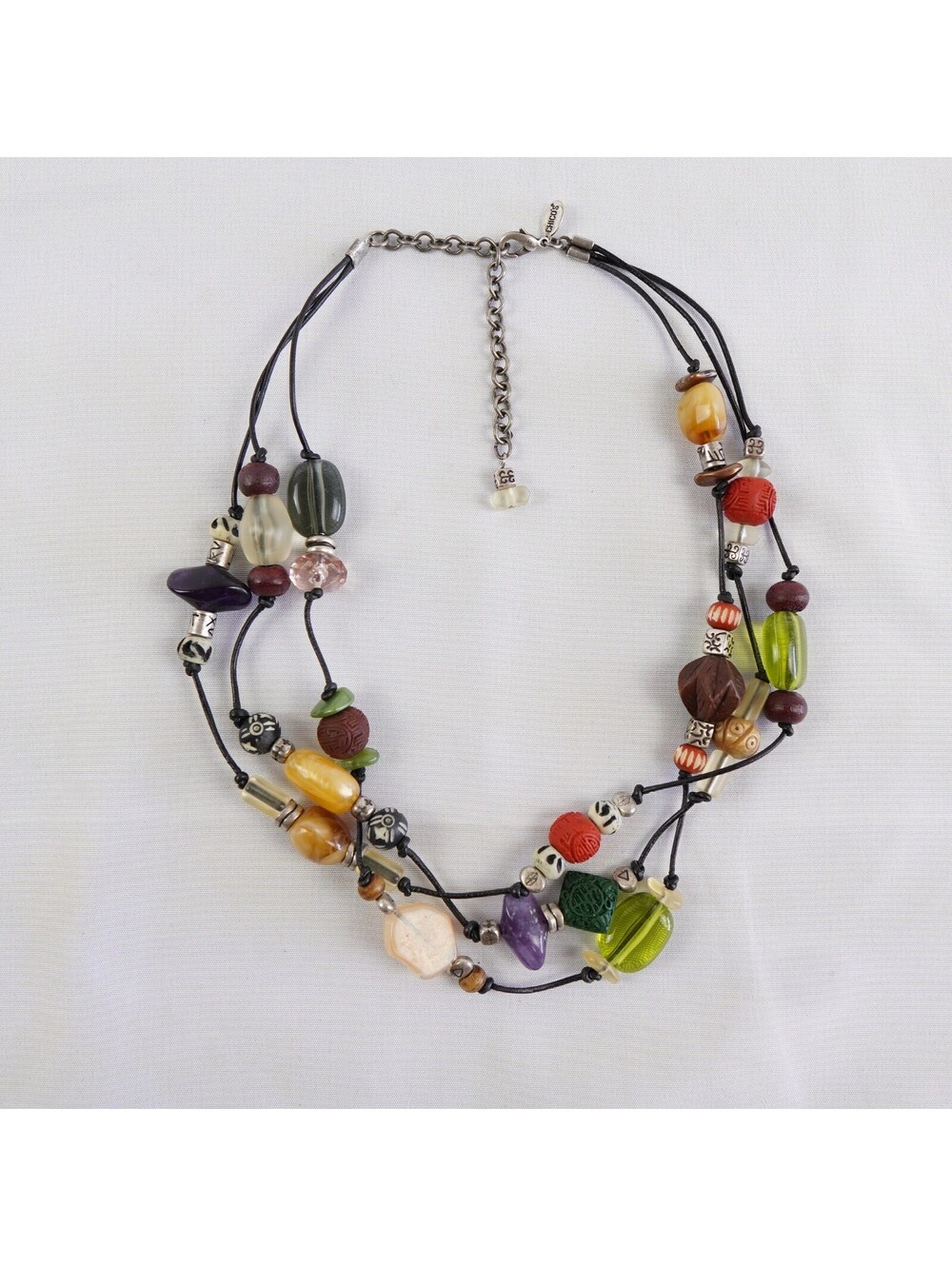 Chico's Colorful Beaded Necklace Quartz Wood Agate Triple Strand Leather Cord